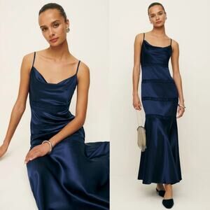 Reformation Riah Silk Dress Navy